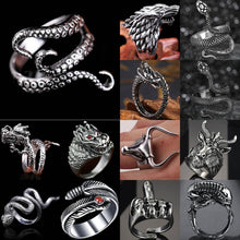 Load image into Gallery viewer, Cool Rings Gothic Deep Sea Squid Octopus Ring Vintage Wolf/Deer/Leaf/Superman/Dargon/Snake Rings Halloween Anillo Hombre Bijoux
